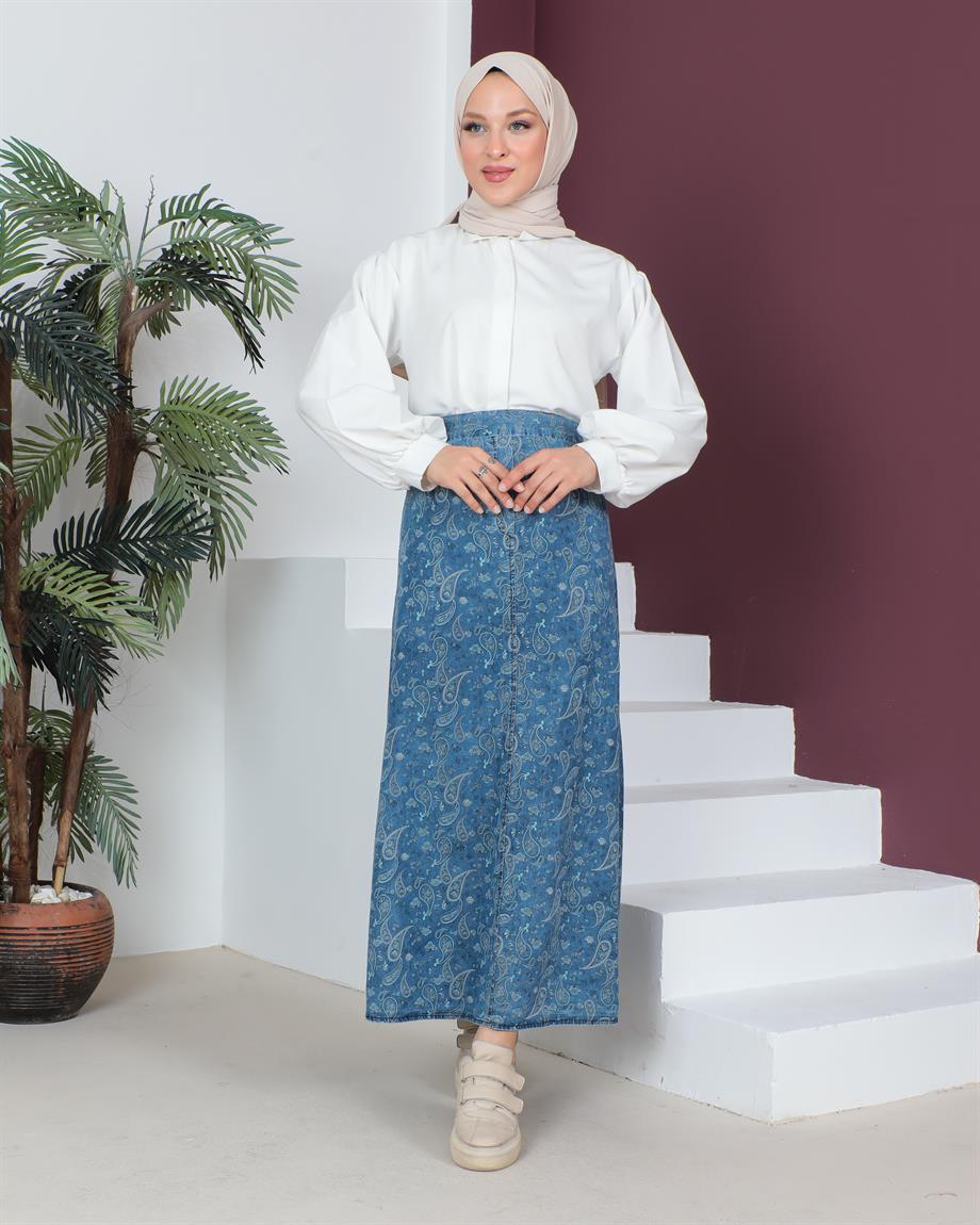 Lastik Detaylı Tesettür Şal Desenli Kar Yıkama Kot Etek