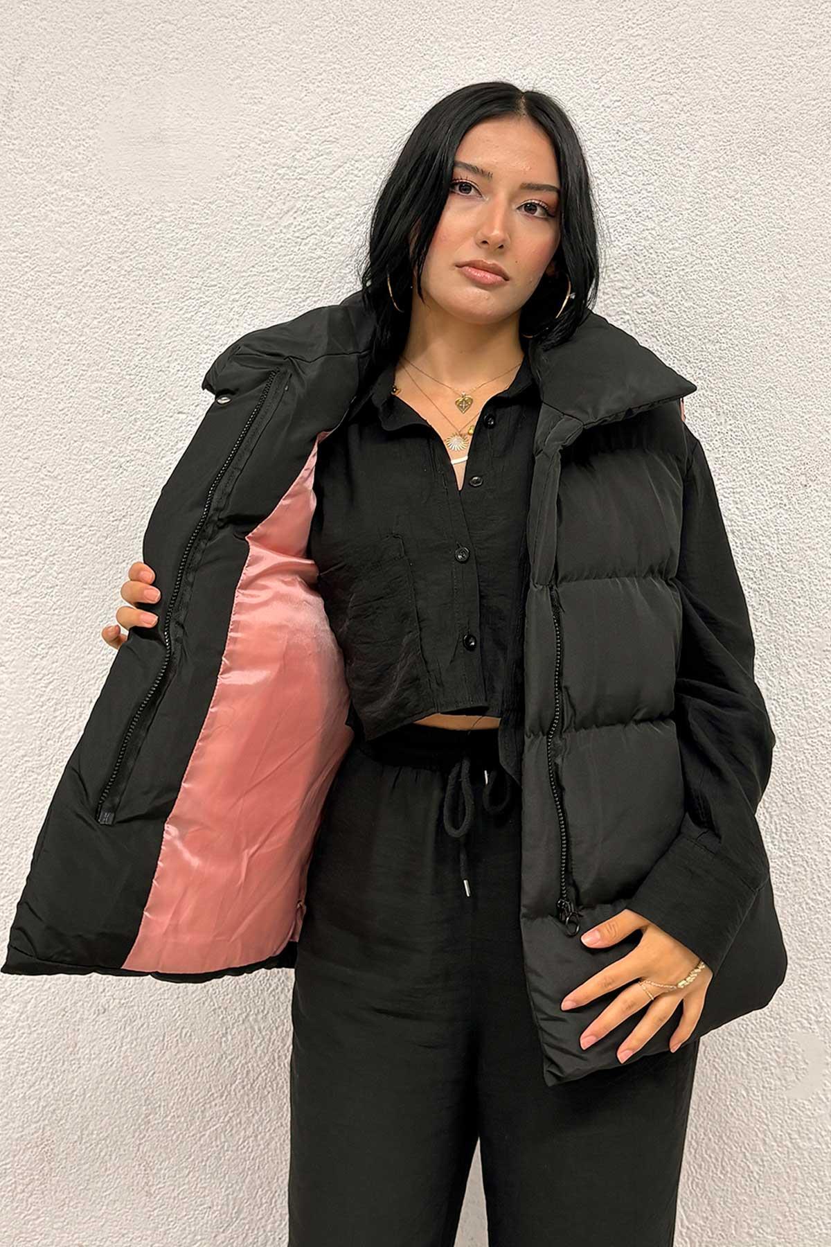 Pembe Astarlı Siyah Şişme Yelek