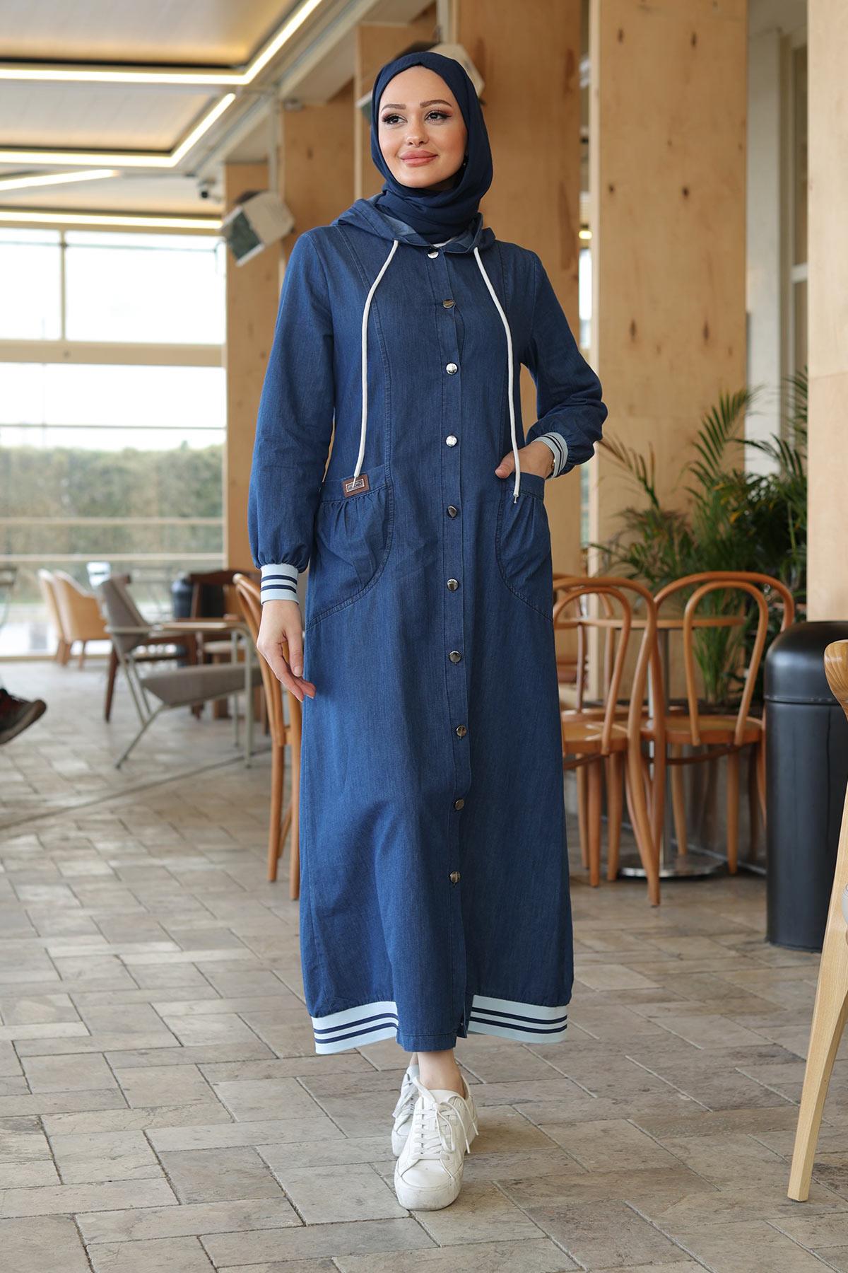 Ribana Detaylı Koyu Kot Elbise 