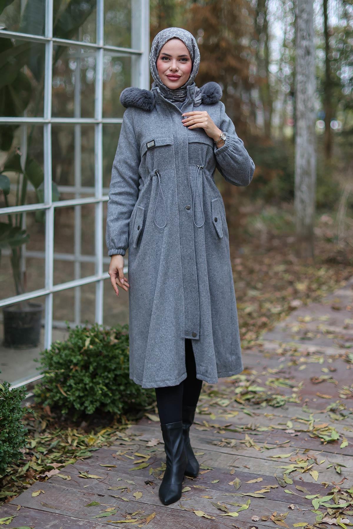 Tünel Detaylı Kaşe Kaban Gri 1226