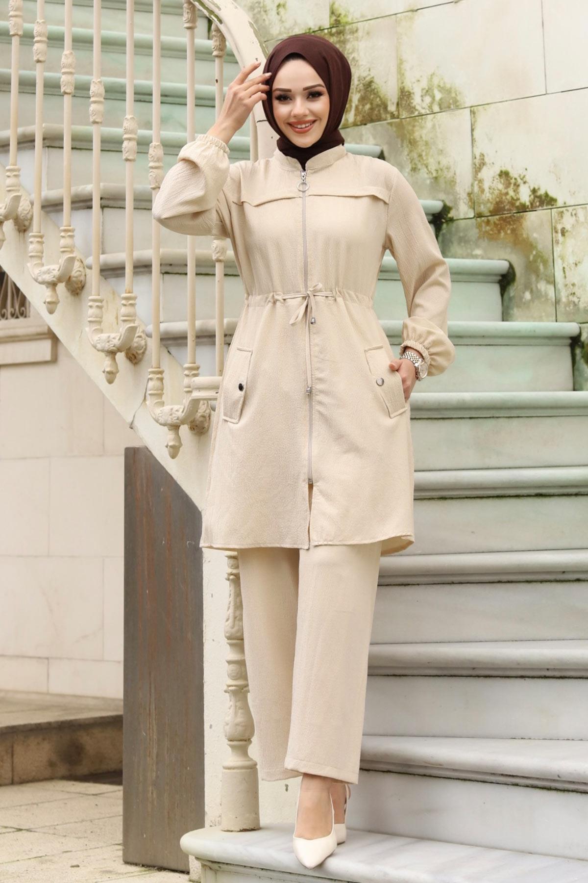Tünel Detaylı Tesettür Bej Takım 