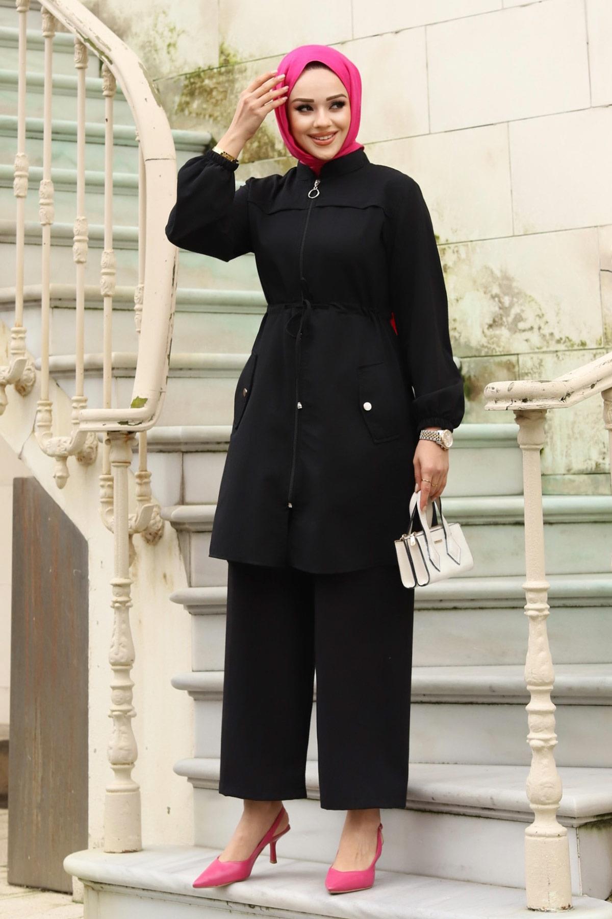 Tünel Detaylı Tesettür Siyah Takım 