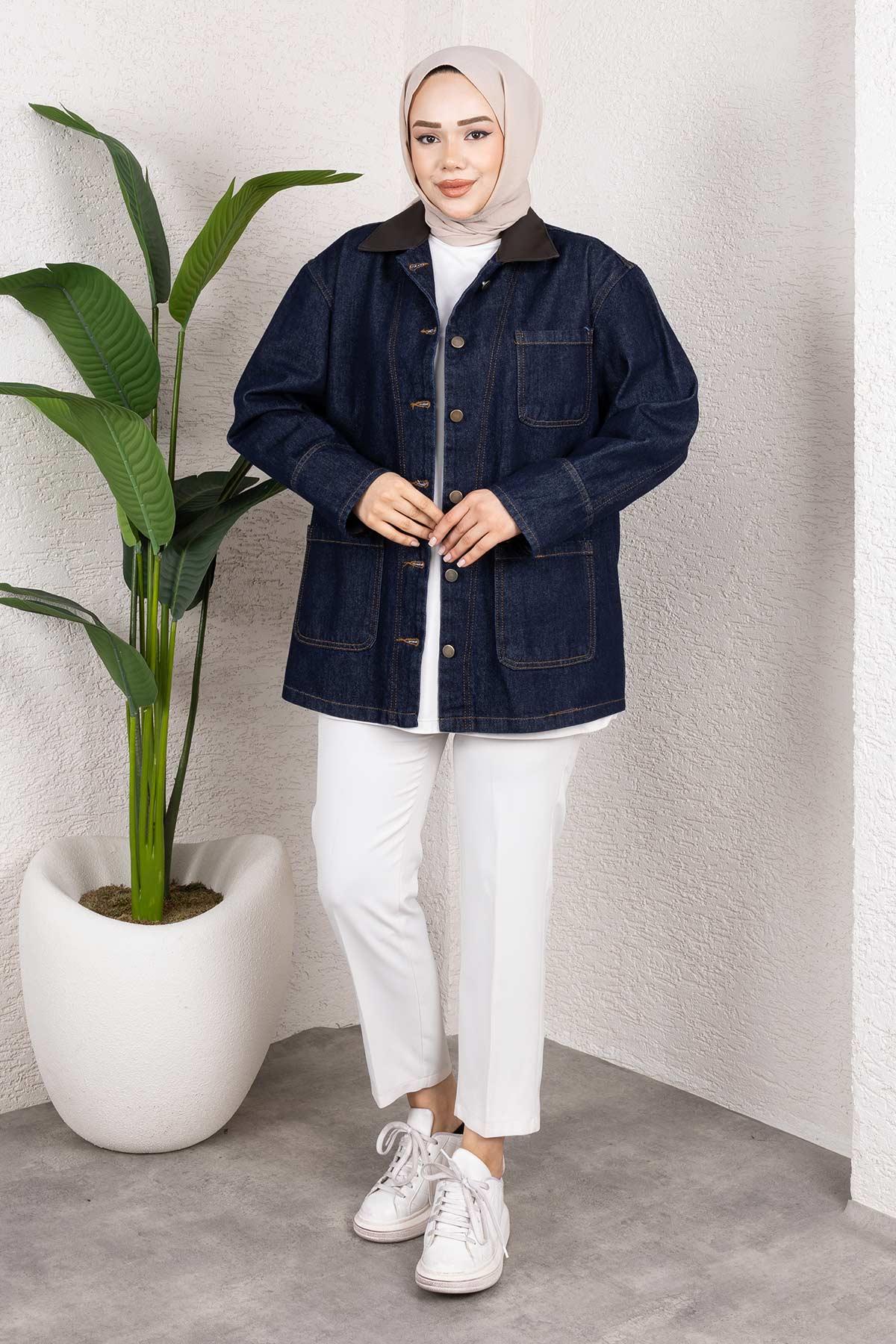 Yaka Detaylı Kot Ceket Koyu Mavi