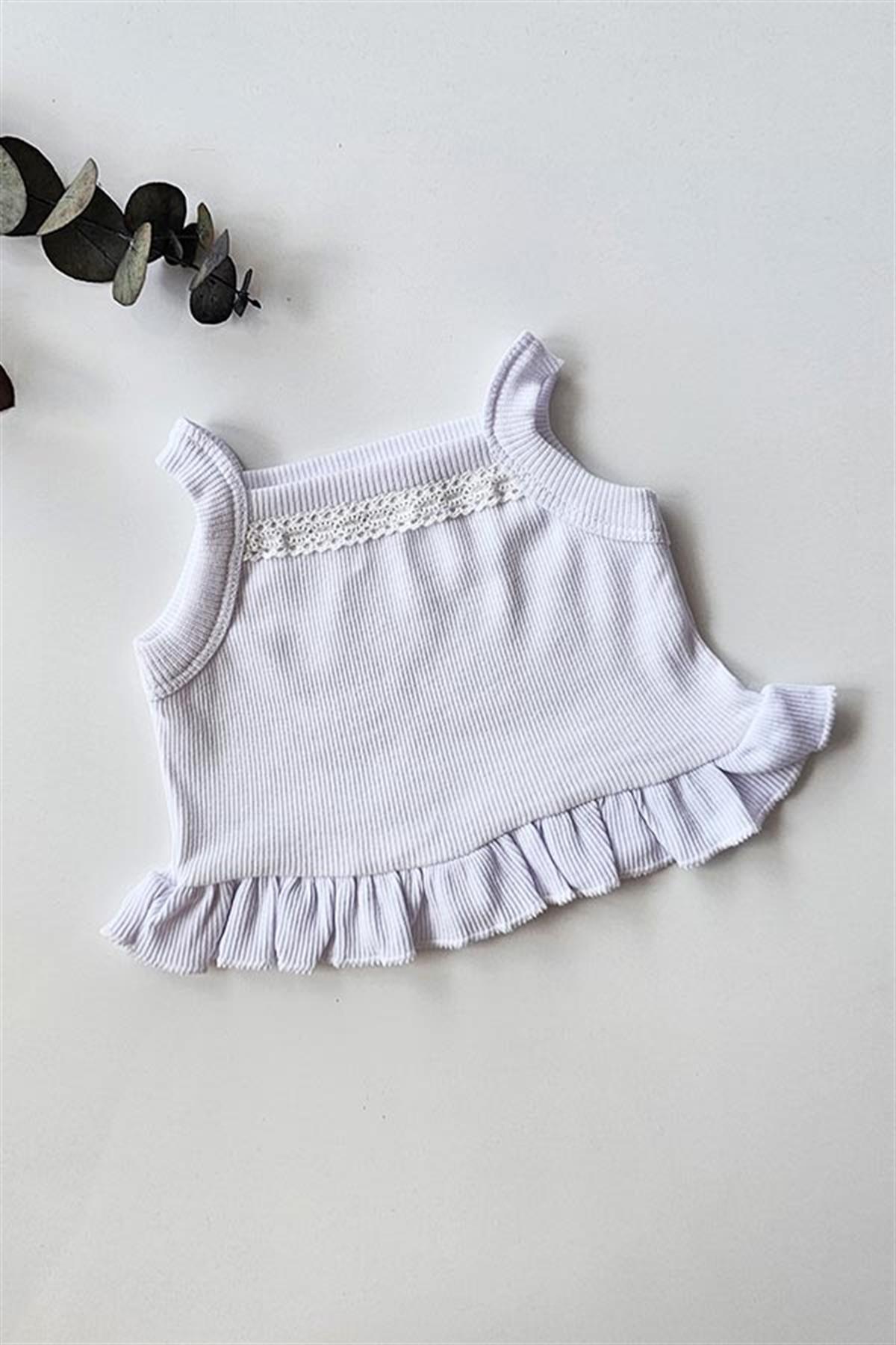 Beyaz Renkli Kız Bebek ve Çocuk Askılı Fırfırlı Crop