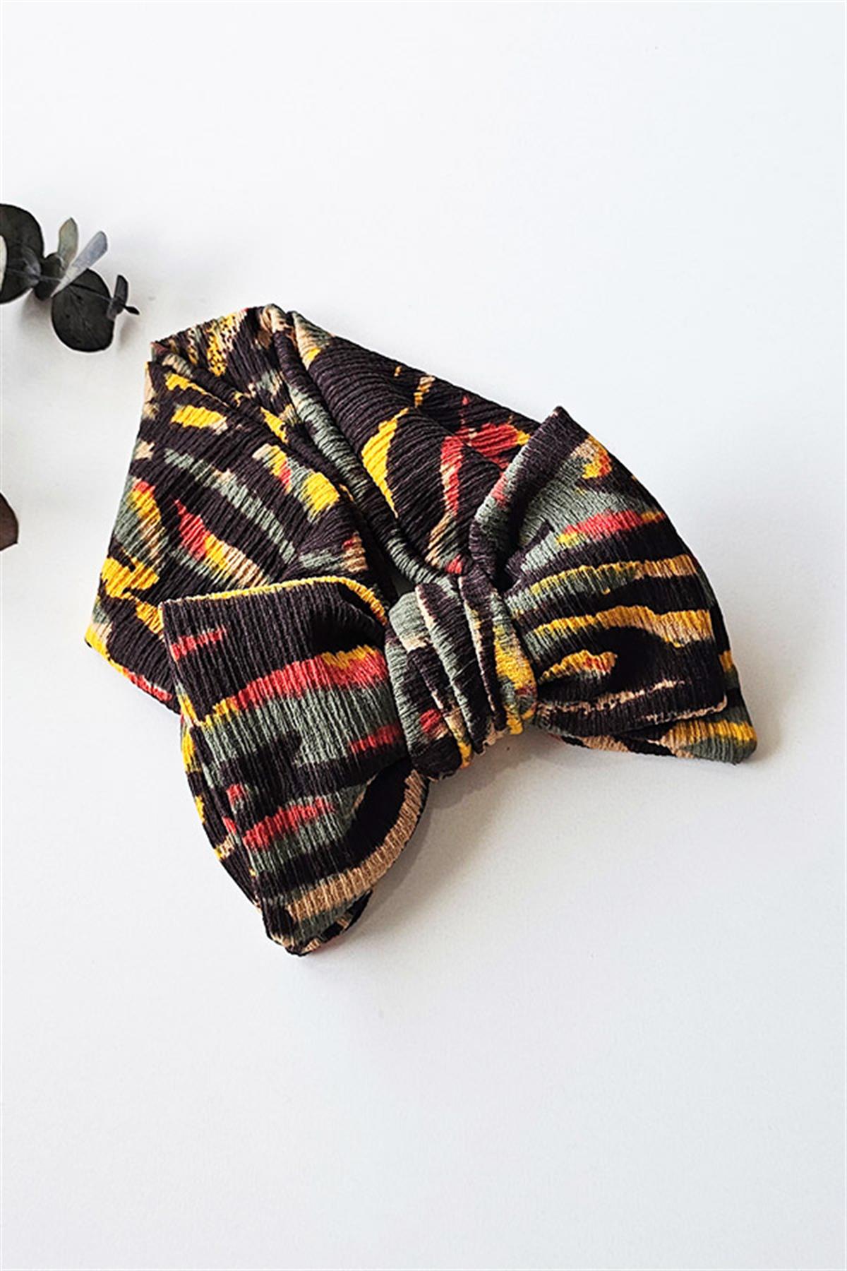 Kahve Sarı Desenli Bürümcük Bebek XXL Fiyonk Bandana