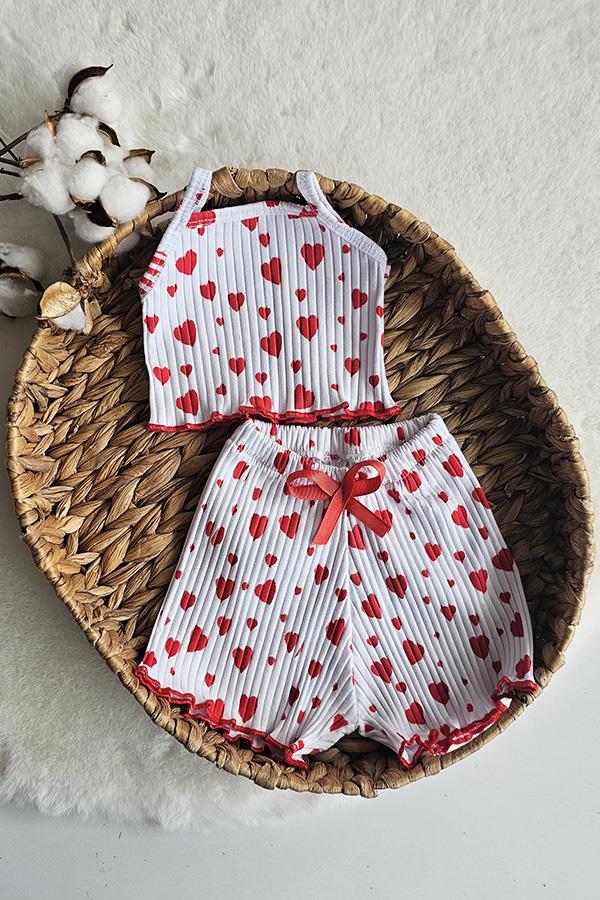 Kırmızı Kalp Desenli Kız Bebek Alt Üst Crop Takım