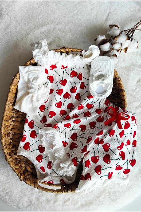 Kırmızı Kiraz Desenli Zıbın Şort Özel set