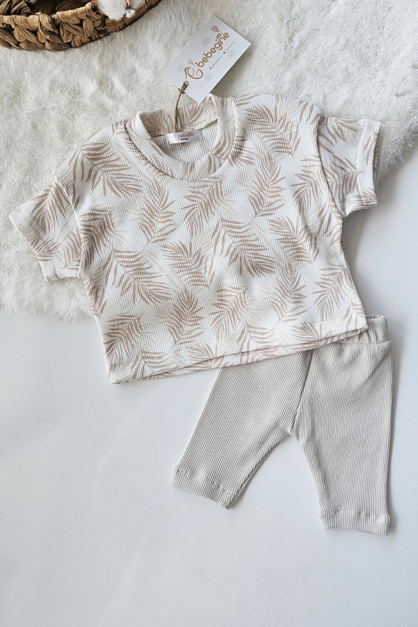 Uniseks Yaprak Desenli Ribana Alt Üst Takım