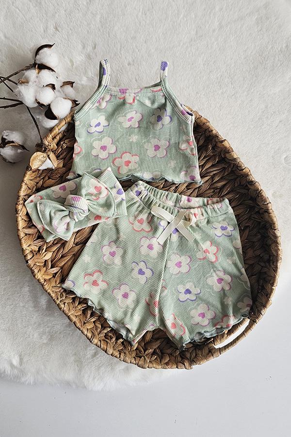Yeşil Çiçek Desenli Kız Bebek Alt Üst Crop Takım