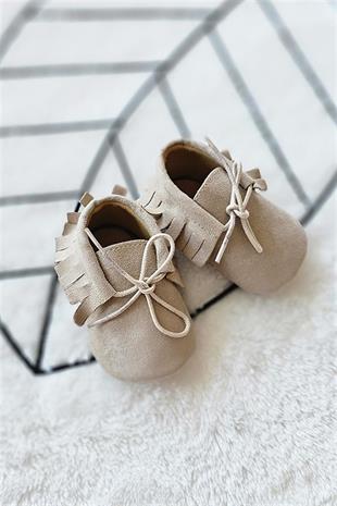 Bej Renkli Bağcıklı Süet Bebek Makosen Ayakkabı