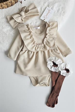 Bej Renkli Waffle Rosa Romper Özel Seti