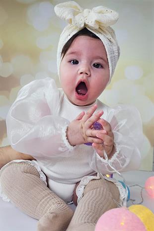Ekru Renkli Tül Balon Kollu Kız Bebek Çıtçıtlı Zıbın