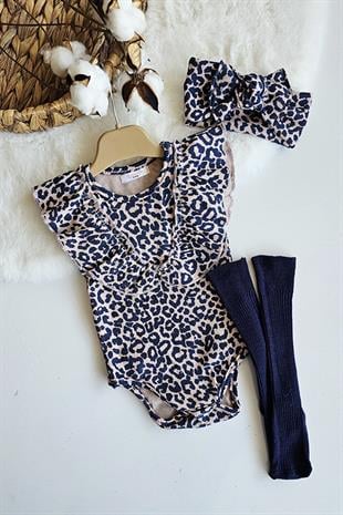 Lacivert Renkli Leopar Desenli Kız Bebek Çıtçıtlı Body Özel Set