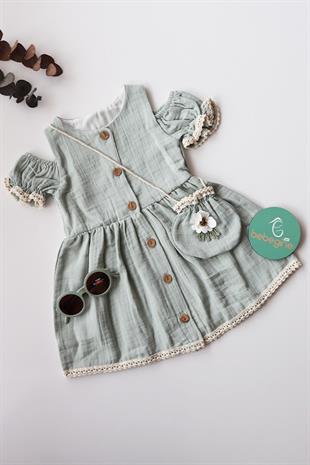Mint Renkli, Çantalı Kız Bebek Rosa Elbise