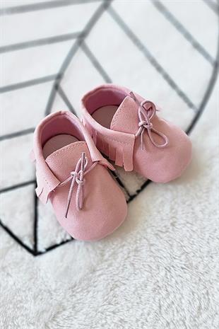 Pembe Renkli Bağcıklı Süet Bebek Makosen Ayakkabı