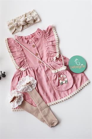 Pembe Renkli, Çantalı Kız Bebek Elbise Özel Set