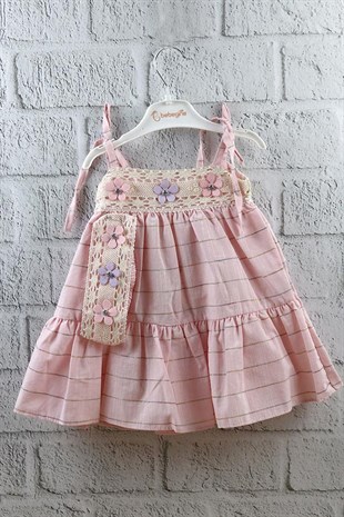 Pembe Renkli Çizgili Kız Bebek Bandana Hediyeli Elbise