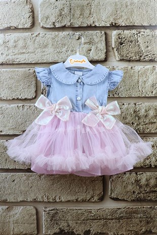 Pembe Renkli Tütü Etekli Kız Bebek Yazlık Kot Elbise