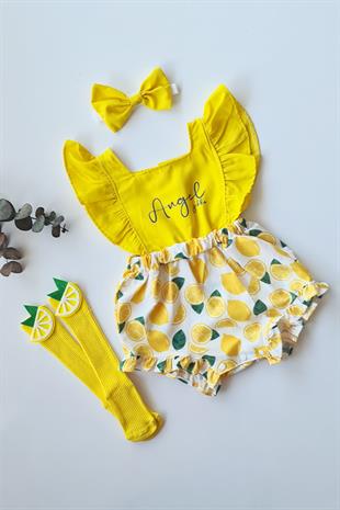 Sarı Renkli Limon Konsept Bandanalı Kız Bebek Romper Özel Set