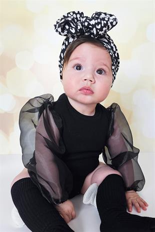 Siyah Renkli Tül Balon Kollu Kız Bebek Çıtçıtlı Zıbın