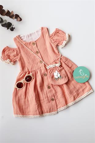 Somon Renkli, Çantalı Kız Bebek Rosa Elbise