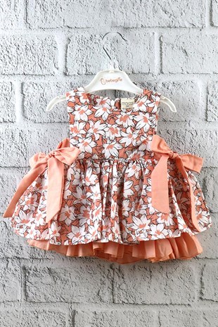 Somon Renkli Çiçek Desenli Kız Bebek Askılı Elbise