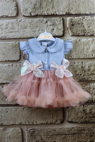 Somon Renkli Tütü Etekli Kız Bebek Yazlık Kot Elbise