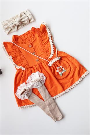 Turuncu Renkli, Çantalı Kız Bebek Elbise Özel Set