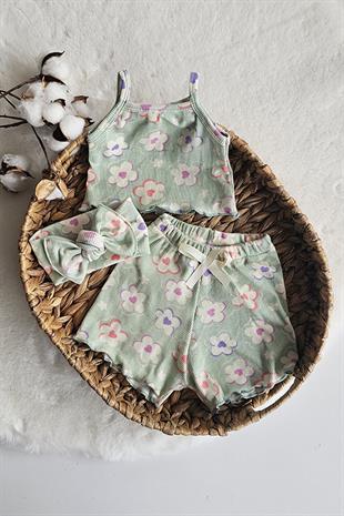 Yeşil Çiçek Desenli Kız Bebek Alt Üst Crop Takım