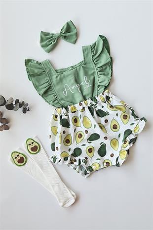 Yeşil Renkli Avokado Konsept Bandanalı Kız Bebek Romper Özel Set