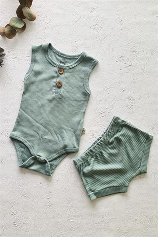 Yeşil Renkli Fitilli Yazlık Erkek Bebek Kolsuz Zıbın Takım
