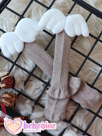 Bej Renkli Melek Kanadı Figürlü Bebek Dizaltı Çorap