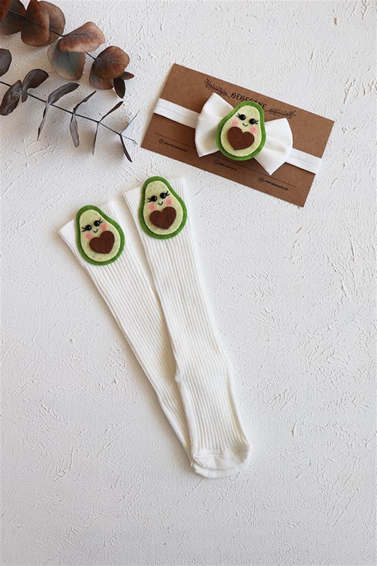 Avokado Figürlü Krem Renkli Dizaltı Çorap ve Bant Takımı