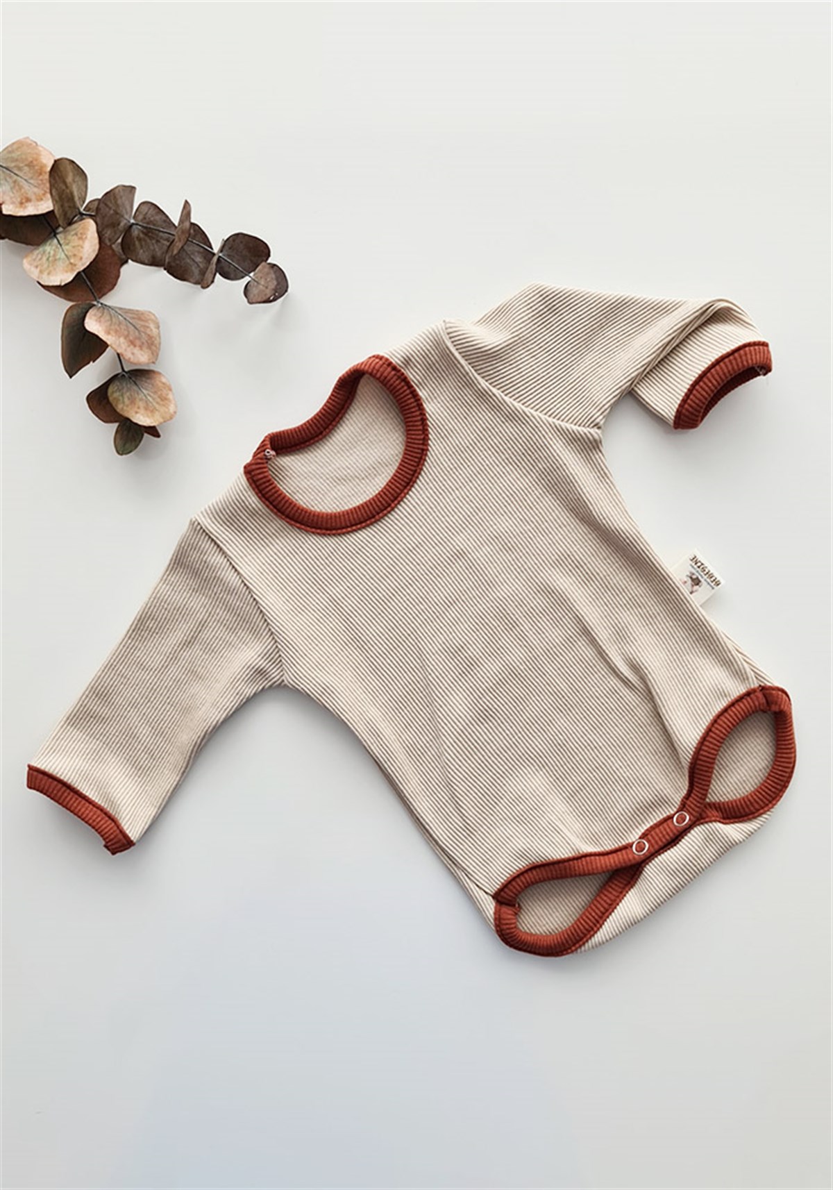 Bej Renkli Biyeli Bebek Unisex Uzun Kollu Zıbın