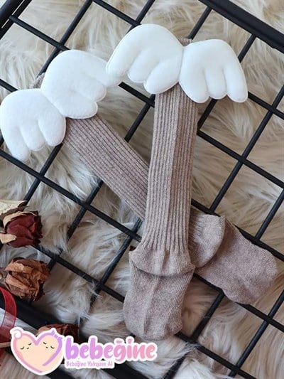 Bej Renkli Melek Kanadı Figürlü Bebek Dizaltı Çorap