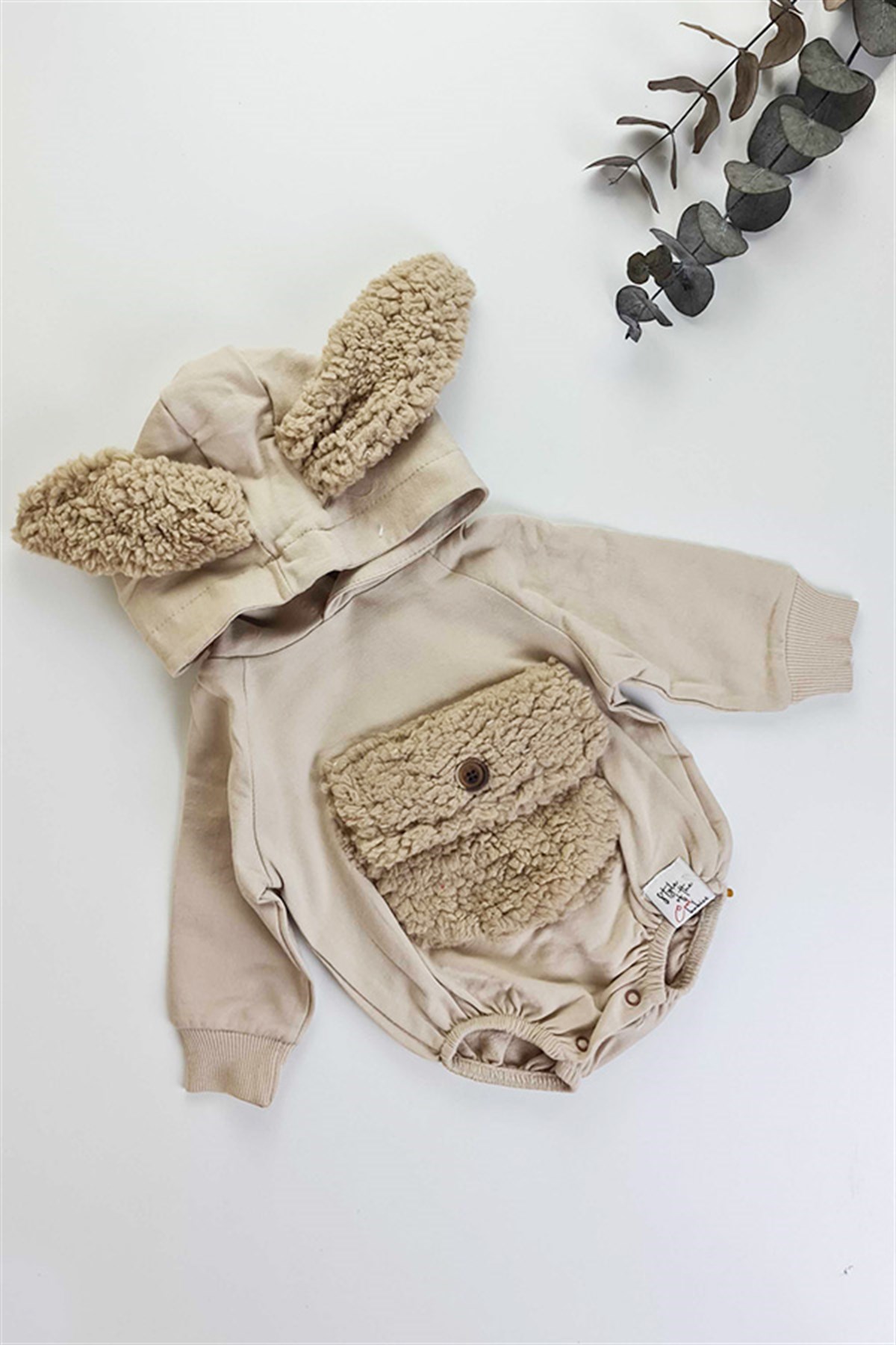 Bej Renkli, Peluş Kulaklı ve Kapüşonlu Unisex Bebek Mevsimlik Romper