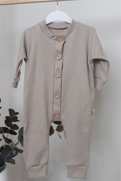 Bej Renkli Unisex Bebek Uzun Kollu, Düğmeli Tulum