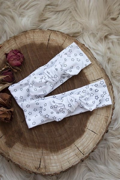 Beyaz Renkli Yıldız Desenli Bebek Tavşan Kulak Bandana