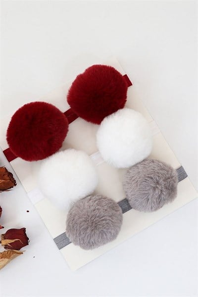 Bordo, Beyaz ve Gri Renkli Bebek Ponpon Bant Seti