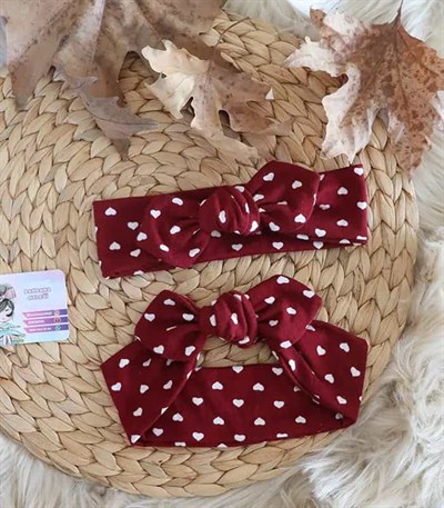 Bordo Kalp Desenli Tavşan Kulak Bandana