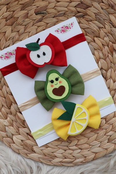 Elma, Avokado ve Limon Figürlü Bebek Fiyonk Bant Seti