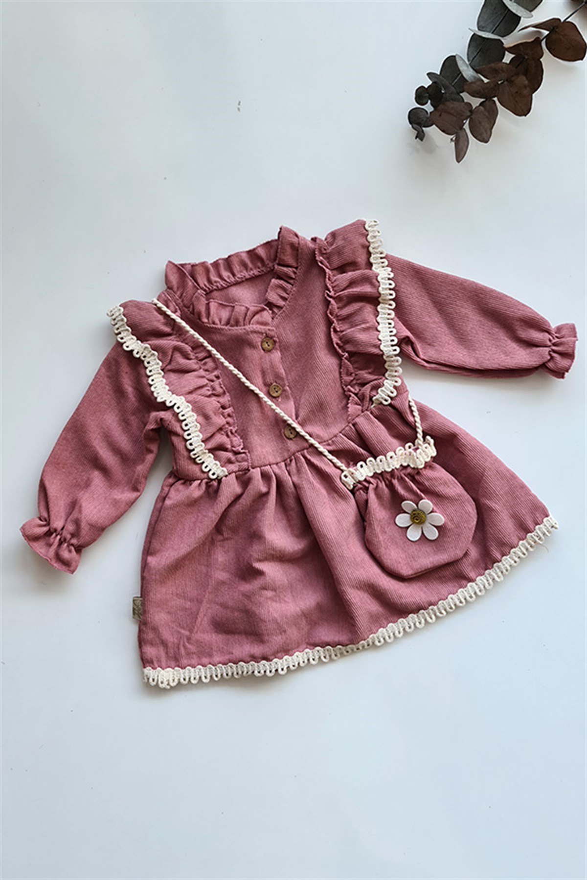 Gül Kurusu Renkli ve Çantalı Kız Bebek Kadife Elbise