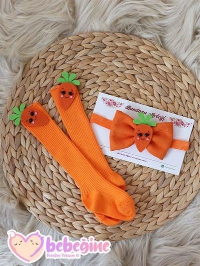Havuç Figürlü Bebek Dizaltı Çorap ve Bant Takımı