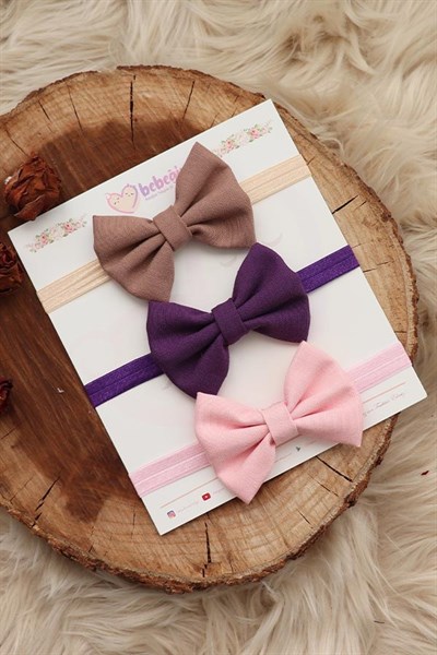 Kahve, Mor ve Pembe Renkli Bebek Fiyonk Bant Seti