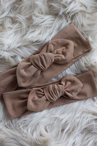 Kahve Renkli Anne-Bebek Tavşan Kulak Bandana Takım (6-24 Ay)