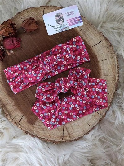 Kırmızı Çiçek Desenli Bebek Tavşan Kulak Bandana