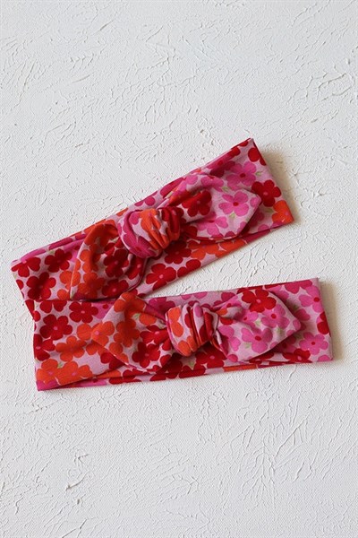 Kırmızı Pembe Renkli Çiçek Desenli Bebek Tavşan Kulak Bandana