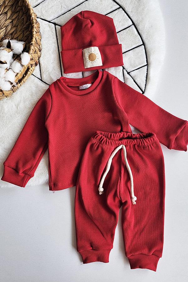 Kırmızı Renkli Bereli Ribana Alt Üst Takım