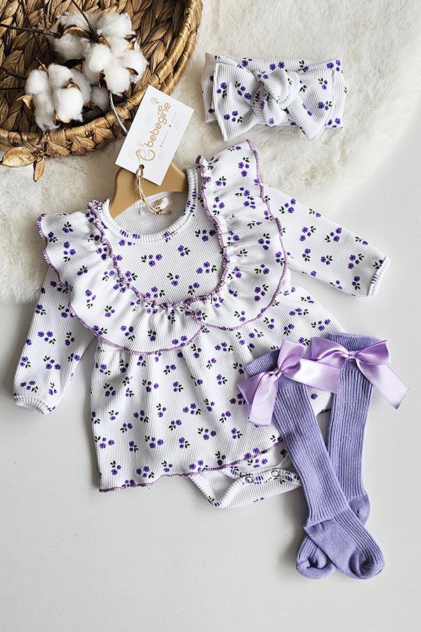 Lila Çiçek Desenli Rosa Romper Özel Set