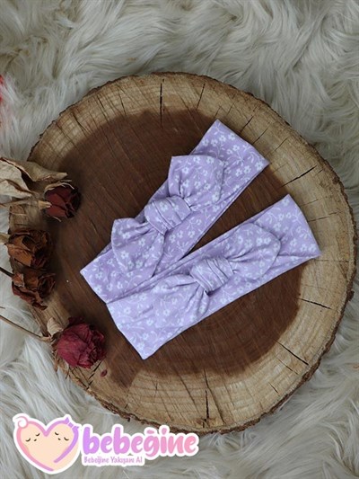 Lila Renkli Çiçek Desenli Tavşan Kulak Bandana